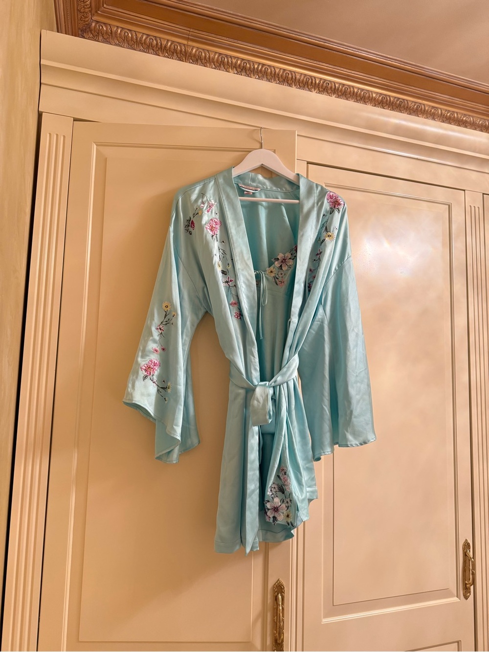 Silky Floral Tie-Waist Robe + slip dress in Light Blue (2 pieces) XS - 2 pieces